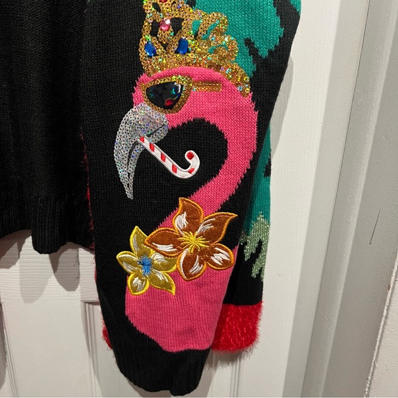 Whimsical Flamingo Candy Cane Holiday Christmas Sweater 2x Sequined - Picture 2 of 6